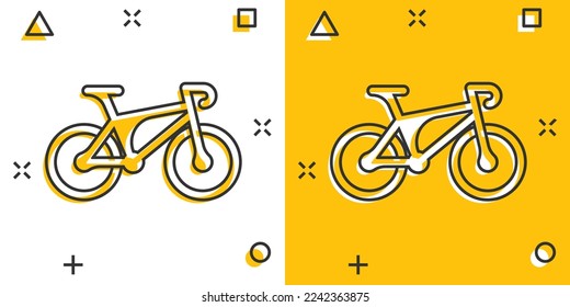 Bicycle icon in comic style. Bike exercise cartoon vector illustration on white isolated background. Fitness exercise splash effect sign business concept.