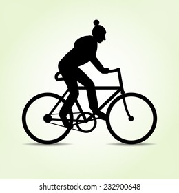 Bicycle icon. Female, lady bike. Sport symbol. Black silhouette with shadow on light green. Flat design. Vector