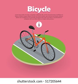 Icono de bicicleta diseño isométrico en el banner de la web de la carretera. Bicicleta y bicicleta naranja. Transporte personal. Artículo de transporte ecológico seguro. Ciclismo deportivo. Bicicleta de montaña, bicicleta de viaje. Vector