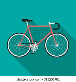 Bicycle icon with long shadow. Flat design style. Fixed-gear bicycle silhouette. Simple icon. Modern flat icon in stylish colors. Web site page and mobile app design element.