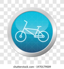 Bicycle icon on light blue shiny circle frame. Glossy button with bike symbol on transparent background. Vector illustration.