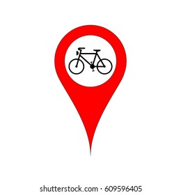 Bicycle icon on a red map marker.