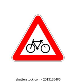 Bicycle icon on the triangle red and white road sign isolated on white