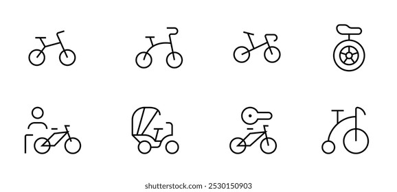 Ícone de bicicleta, riquixá, bmx, excursão, sujeira, bicicleta feminina, ilustração vetorial. linear Editável Traço. Linha, sólido, linha plana, estilo fino e adequado para página da Web, aplicativo móvel, UI, design UX.