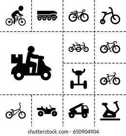 Bicycle icon. set of 13 filled bicycleicons such as child bicycle, exercise bike, truck rocket, weapon truck, wheel