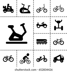 Bicycle icon. set of 13 filled bicycleicons such as bike, child bicycle, exercise bike, bicycle, truck rocket, weapon truck, wheel