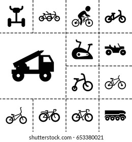 Bicycle icon. set of 13 filled bicycleicons such as child bicycle, exercise bike, truck rocket, weapon truck