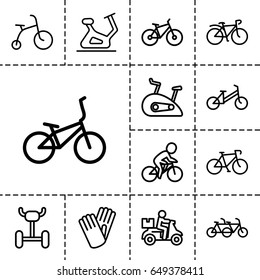 Bicycle icon. set of 13 outline bicycleicons such as child bicycle, exercise bike, gloves, delivery bike