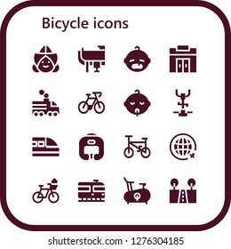  bicycle icon set. 16 filled bicycle icons. Simple modern icons about  - Dutch, Saddle, Baby, Gym, Train, Bicycle, Stationary bike, Boxing helmet, Travel, Bike, Street