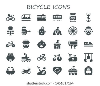 bicycle icon set. 30 filled bicycle icons.  Collection Of - Bike, Transportation, Train, Subway, Stationary bike, Exercise, Rickshaw, Baby, Circus, Spoke wheel, Hipster, Bicycle