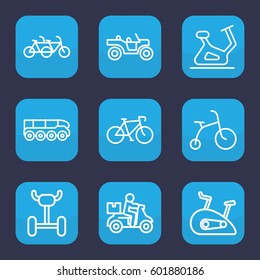 bicycle icon. Set of 9 outline bicycle icons such as exercise bike, weapon truck, delivery bike
