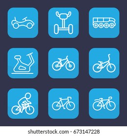 Bicycle icon. set of 9 outline bicycle icons such as bike, exercise bike, bicycle, weapon truck
