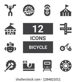 bicycle icon set. Collection of 12 filled bicycle icons included Transport, Train, Skate park, Crank arm, Tricycle, Baby, Street, Circus, Handlebar