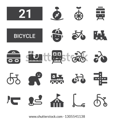 bicycle icon set. Collection of 21 filled bicycle icons included Bicycle, Scooter, Circus, Travel, Handlebar, Street, Bike, Train, Baby, Tricycle, Skate park, French, Unicycle
