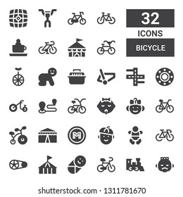 bicycle icon set. Collection of 32 filled bicycle icons included Baby, Train, Bicycle, Circus, Crankset, Bike, French, Metro, Travel, Tricycle, Transport, Street, Unicycle, Ride