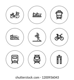 Bicycle icon set. collection of 9 outline bicycle icons with bmx, bike, subway icons. editable icons.