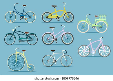 Juego de iconos de bicicleta. Iconos aislados para el transporte de bicicletas. Moderna, vintage, deportiva, montañosa, carretera, colección de diseño de vehículos de bicicletas de crucero. Ilustración vectorial de transporte