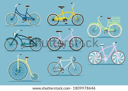 Bicycle icon set. Isolated cycle bike wheel transport icons. Modern, vintage, sport, mountain, road, cruiser bicycles vehicle design collection. Transportation vector illustration