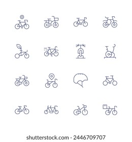 Bicycle icon set. Thin line icon. Editable stroke. Containing bike, cycle, cycling, stationary bike, bicycle, bike parking, bike helmet.