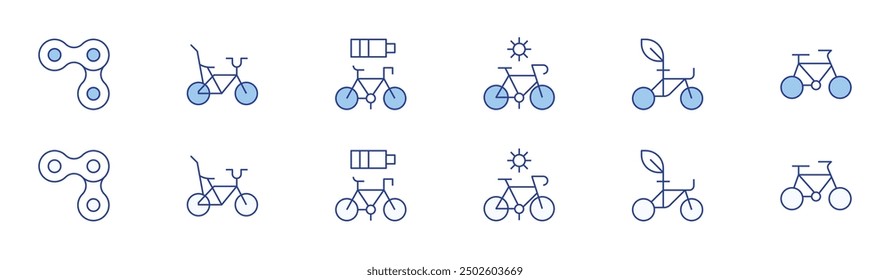 Bicycle icon set in two styles, Duotone and Thin Line style. Editable stroke. cycling, bicycle, chain, bike.