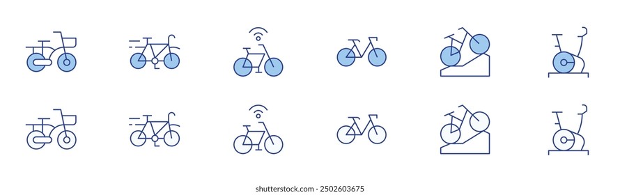 Bicycle icon set in two styles, Duotone and Thin Line style. Editable stroke. bicycle, bike, mountain bike, stationary bike.