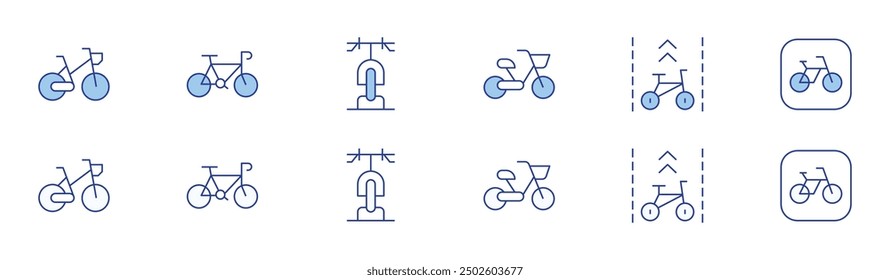 Bicycle icon set in two styles, Duotone and Thin Line style. Editable stroke. bike, bike lane, bicycle, cycling, bike parking.