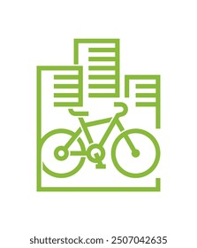 Bicycle icon in simple bold line, side view, with city skyscrapers - sustainable transport for leisure or traveling. 