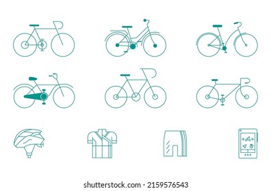 Bicycle icon in stroke style. Bicycle, helmet, jersey, shorts icon, bike set on white background vector illustration