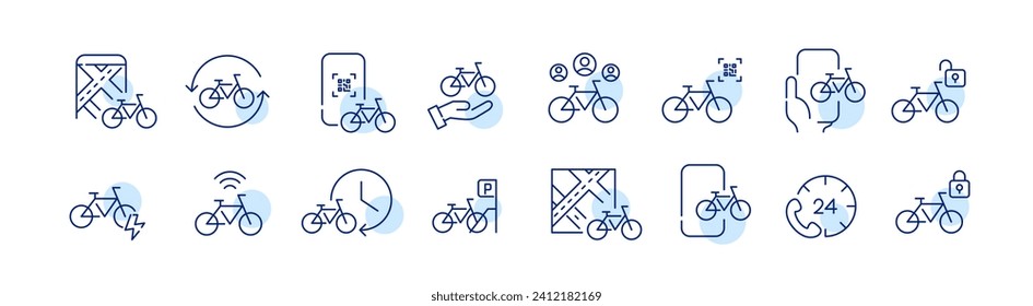 Bicycle icons. Bike sharing apps. Pixel perfect, editable stroke