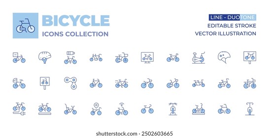 Bicycle icons collection. Line Duotone style, editable stroke. electric bike, bike, chain, bicycle, bike parking, biking, parking sign, bike lane.