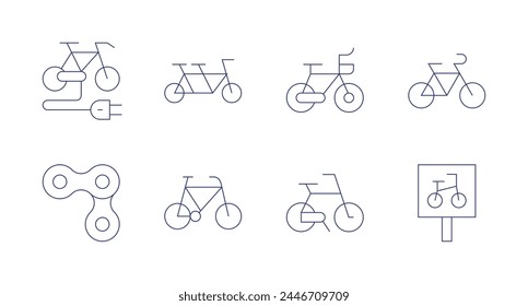 Bicycle icons. Editable stroke. Containing bike, biking, bicycle, electric bike, parking sign, chain.