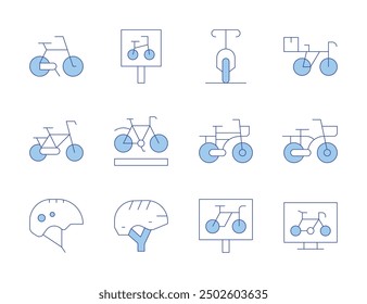 Bicycle icons. Line Duotone style, editable stroke. helmet, bicycle, bike helmet, biking, parking sign, bike lane, bicycle parking, cycling.