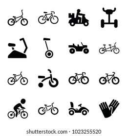Bicycle icons. set of 16 editable filled bicycle icons such as gloves, delivery bike, wheel, weapon truck, bike