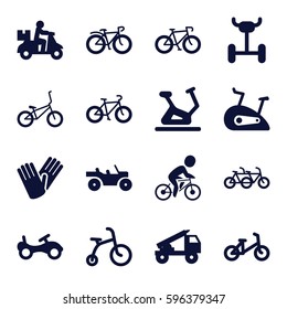 bicycle icons set. Set of 16 bicycle filled icons such as bike, exercise bike, gloves, truck rocket, weapon truck, wheel