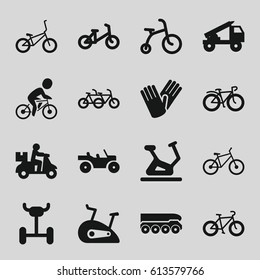 Bicycle icons set. set of 16 bicycle filled icons such as exercise bike, gloves, truck rocket, weapon truck, wheel