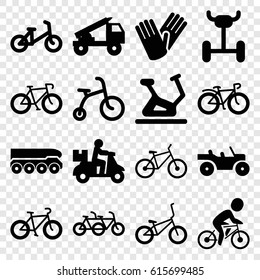 Bicycle icons set. set of 16 bicycle filled icons such as exercise bike, gloves, truck rocket, weapon truck, wheel