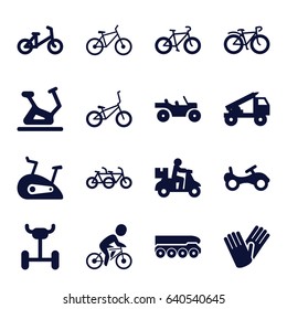 Bicycle icons set. set of 16 bicycle filled icons such as bike, exercise bike, gloves, truck rocket, weapon truck, wheel