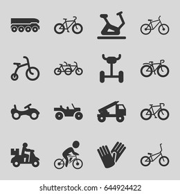 Bicycle icons set. set of 16 bicycle filled icons such as bike, exercise bike, gloves, truck rocket, weapon truck, wheel