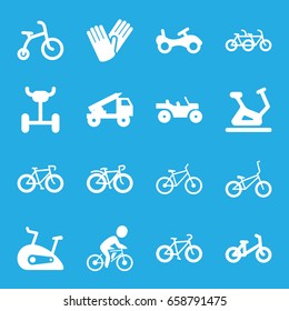 Bicycle icons set. set of 16 bicycle filled icons such as bike, exercise bike, gloves, truck rocket, weapon truck