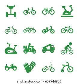 Bicycle icons set. set of 16 bicycle filled icons such as bike, exercise bike, gloves, truck rocket, wheel