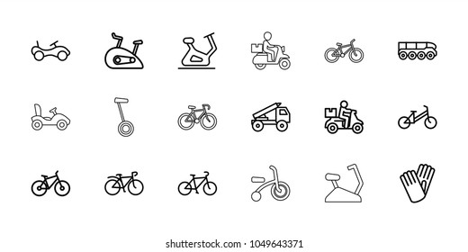 Bicycle icons. set of 18 editable outline bicycle icons: bike, exercise bike, gloves, delivery bike, truck rocket, weapon truck