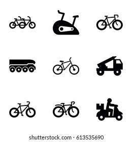 Bicycle icons set. set of 9 bicycle filled icons such as exercise bike, truck rocket, weapon truck