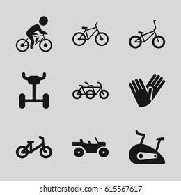 Bicycle icons set. set of 9 bicycle filled icons such as gloves, exercise bike, weapon truck