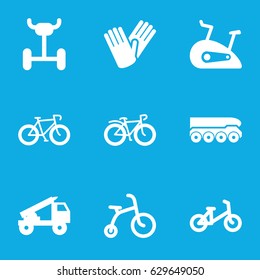 Bicycle icons set. set of 9 bicycle filled icons such as gloves, exercise bike, truck rocket, weapon truck