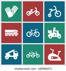 Bicycle icons set. set of 9 bicycle filled icons such as gloves, exercise bike, truck rocket, weapon truck