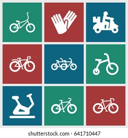 Bicycle icons set. set of 9 bicycle filled icons such as exercise bike, gloves