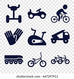 Bicycle icons set. set of 9 bicycle filled icons such as bike, gloves, exercise bike, truck rocket, weapon truck