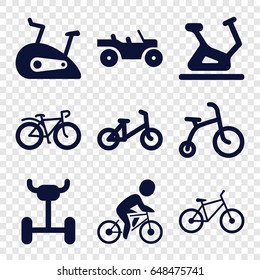 Bicycle icons set. set of 9 bicycle filled icons such as exercise bike, weapon truck