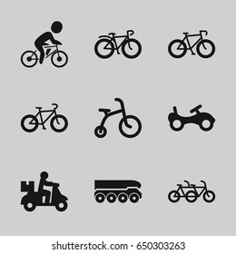 Bicycle icons set. set of 9 bicycle filled icons such as bike, weapon truck