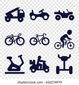 Bicycle icons set. set of 9 bicycle filled icons such as bike, exercise bike, bicycle, truck rocket, weapon truck, wheel